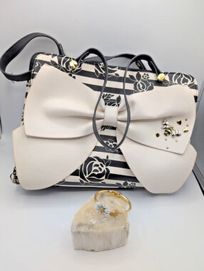 Betsey Johnson large rose bumble bee tote black white & bee flower bracelet too!